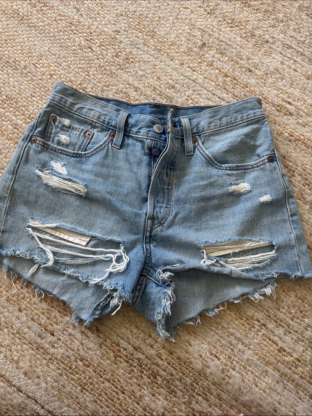 Levi's Light Blue Distressed High-Rise Jean Shorts